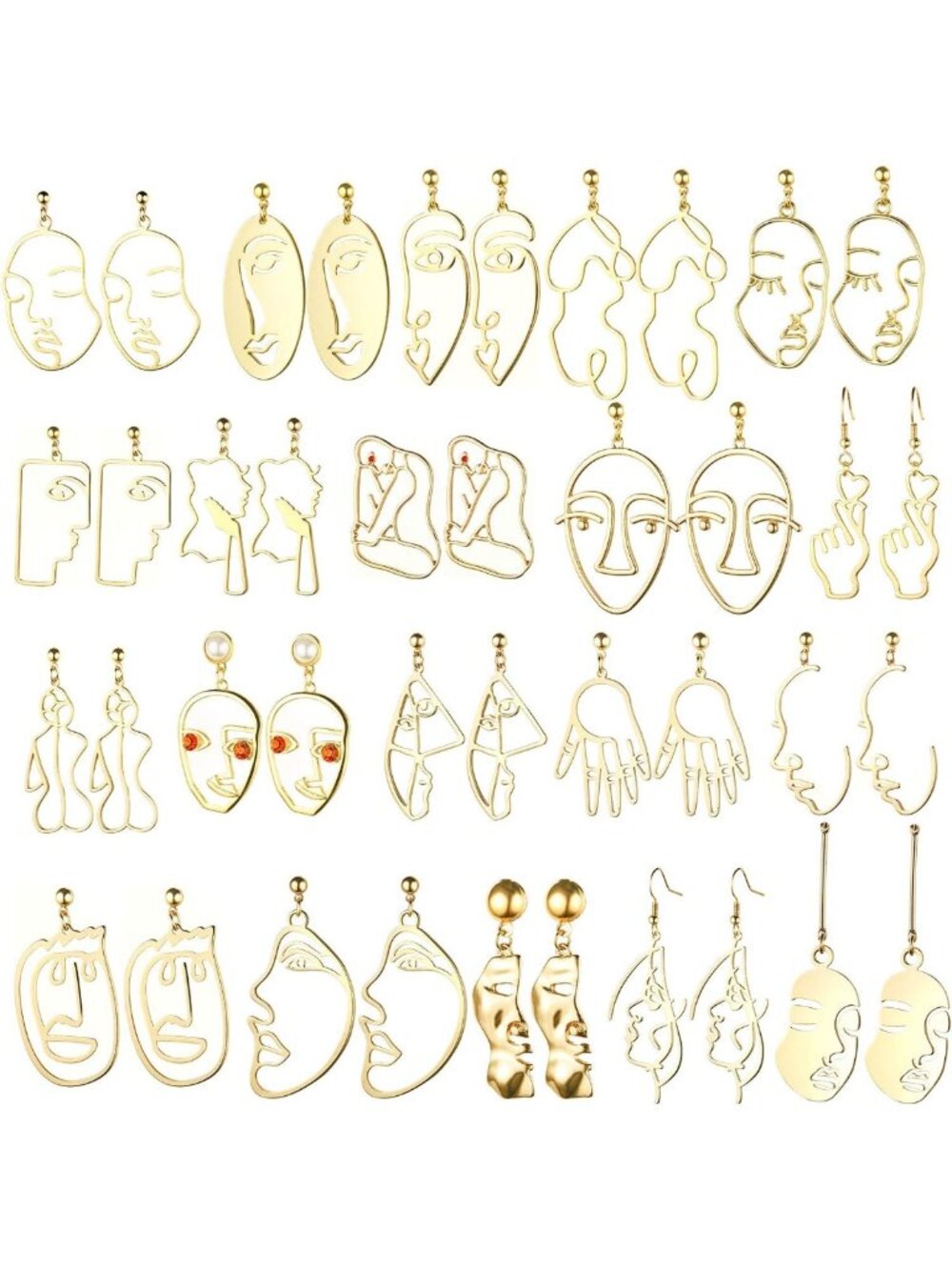 20 Pairs Abstract Face & Hand Earrings - Geometric Hollow Design Jewelry